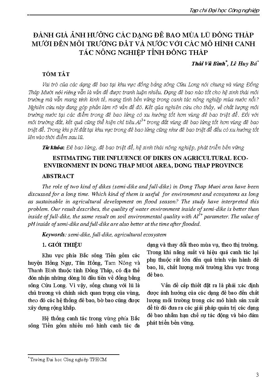 Đánh giá ảnh hưởng các dạng đê bao mùa lũ Đồng Tháp mười đến môi trường đất và nước rơi với các mô hình canh tác nông nghiệp tỉnh Đồng Tháp