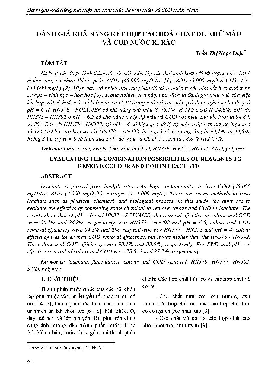Đánh giá khả năng kết hợp các hóa chất để khử màu và COD nước rỉ rác