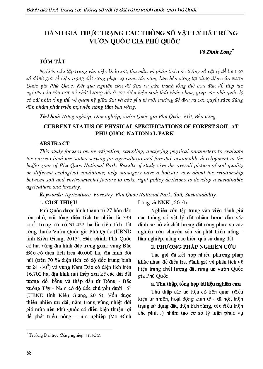 Đánh giá thực trạng các thông số vật lý đất rừng Vườn quốc gia Phú Quốc