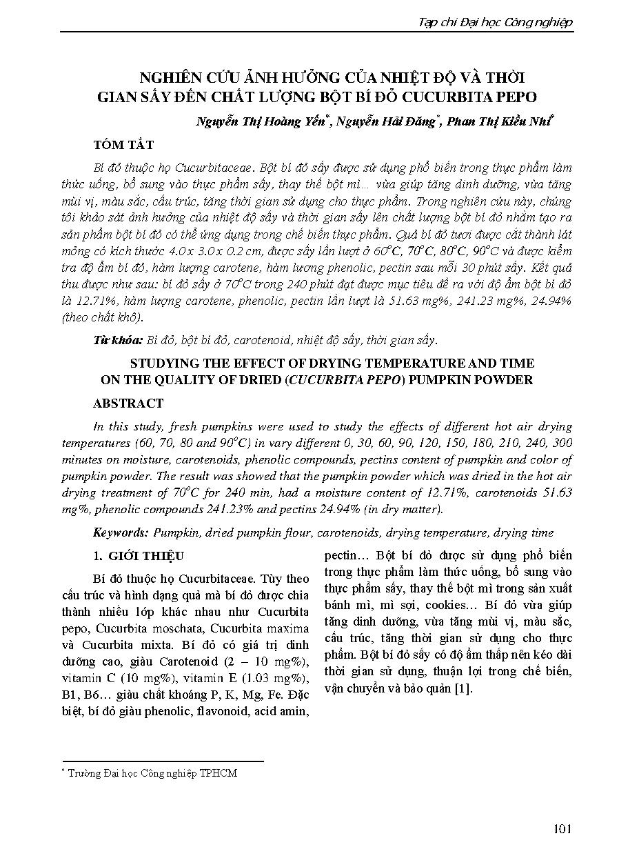 Nghiên cứu ảnh hưởng của nhiệt độ và thời gian sấy đến chất lượng bột bí đỏ cucurbita pepo