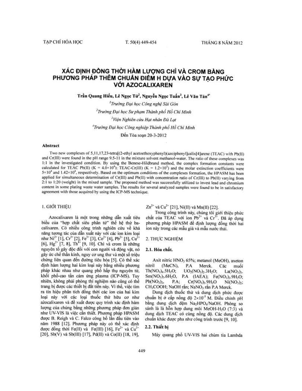 Xác định đồng thời hàm lượng chì và crom bằng phương pháp thêm chuẩn điểm H dựa vào sự tạo phức với azocalixaren