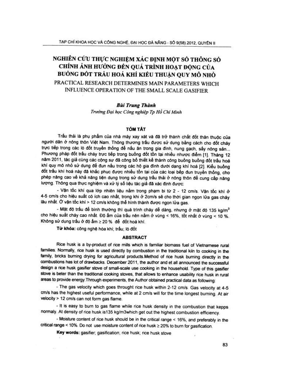 Nghiên cứu thực nghiệm xác định một số thông số chính ảnh hưởng đến quá trình hoạt động của buồng đốt trấu hóa khí kiều thuận quy mô nhỏ