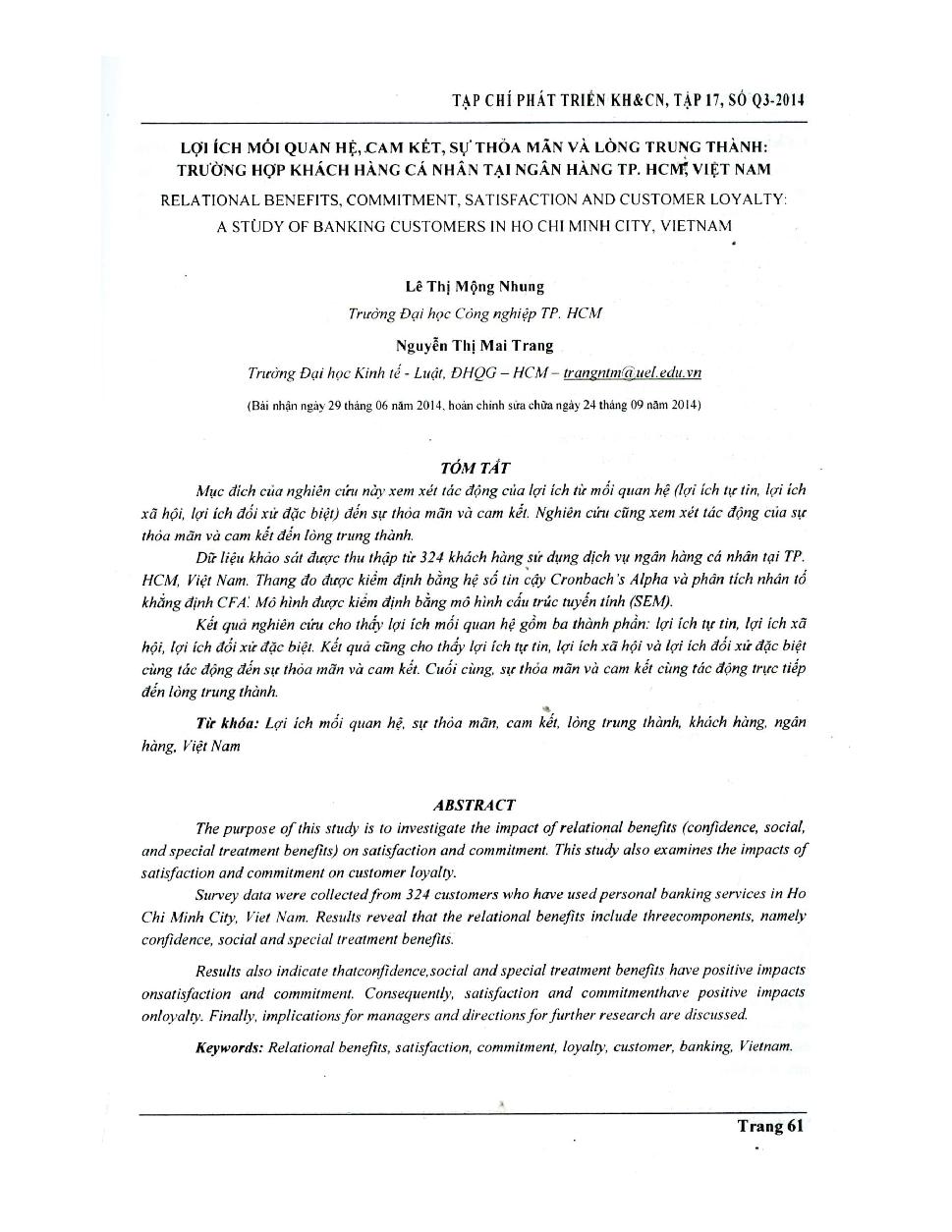 Lợi ích mối quan hệ, cam kết, sự thỏa mãn và lòng trung thành: trường hợp khách hàng cá nhân tại ngân hàng TP.HCM, Việt Nam