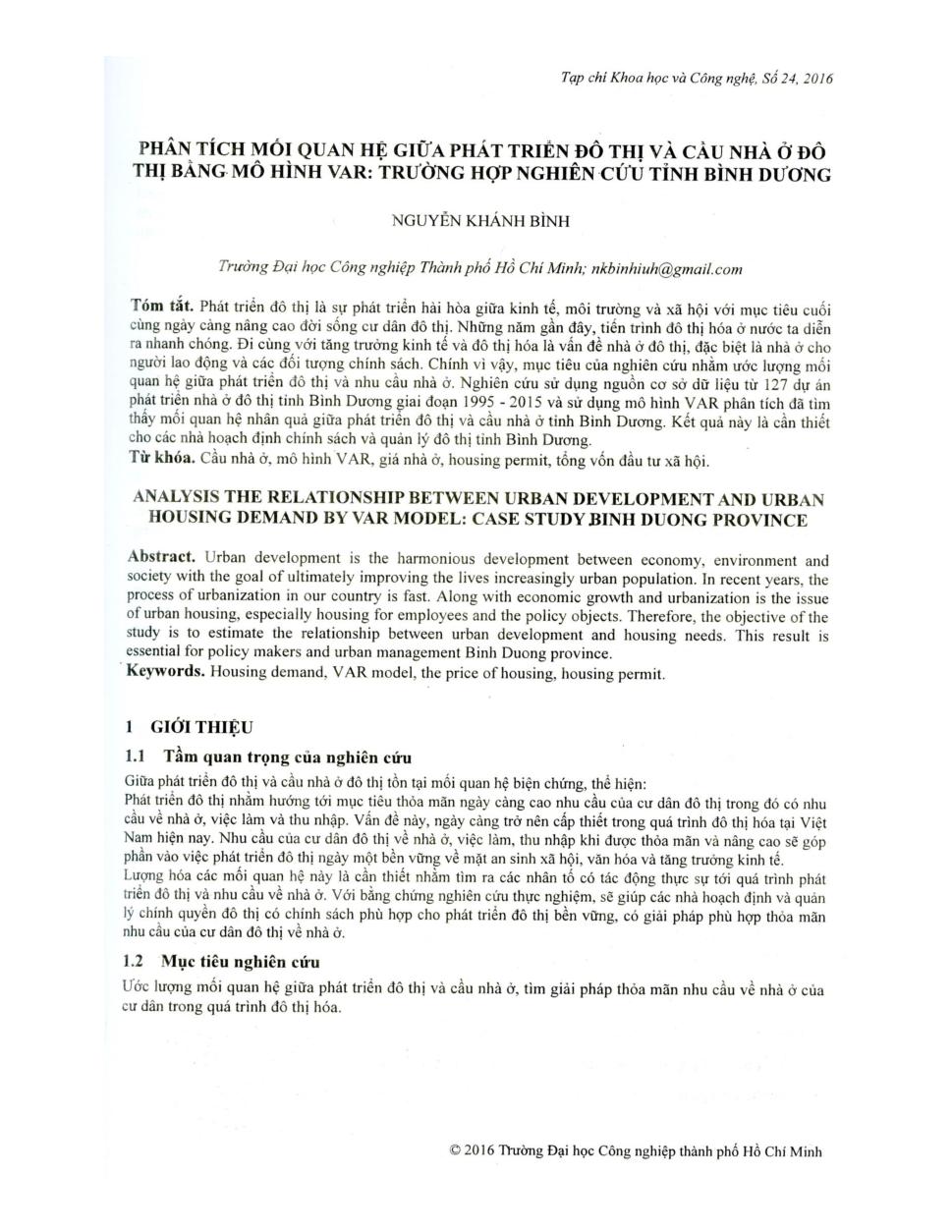 Phân tích mối quan hệ giữa phát triển đô thị và cầu nhà ở đô thị bằng mô hình Var: Trường hợp nghiên cứu tỉnh Bình Dương