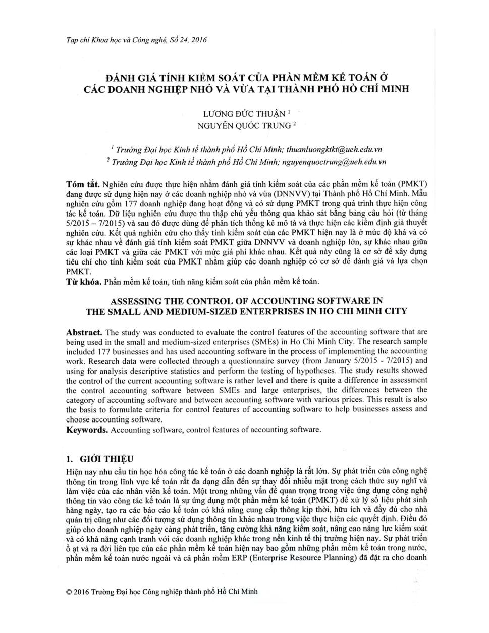 Đánh giá tính kiểm soát của phần mềm kế toán ở các doanh nghiệp nhỏ và vừa tại thành phố Hồ Chí Minh