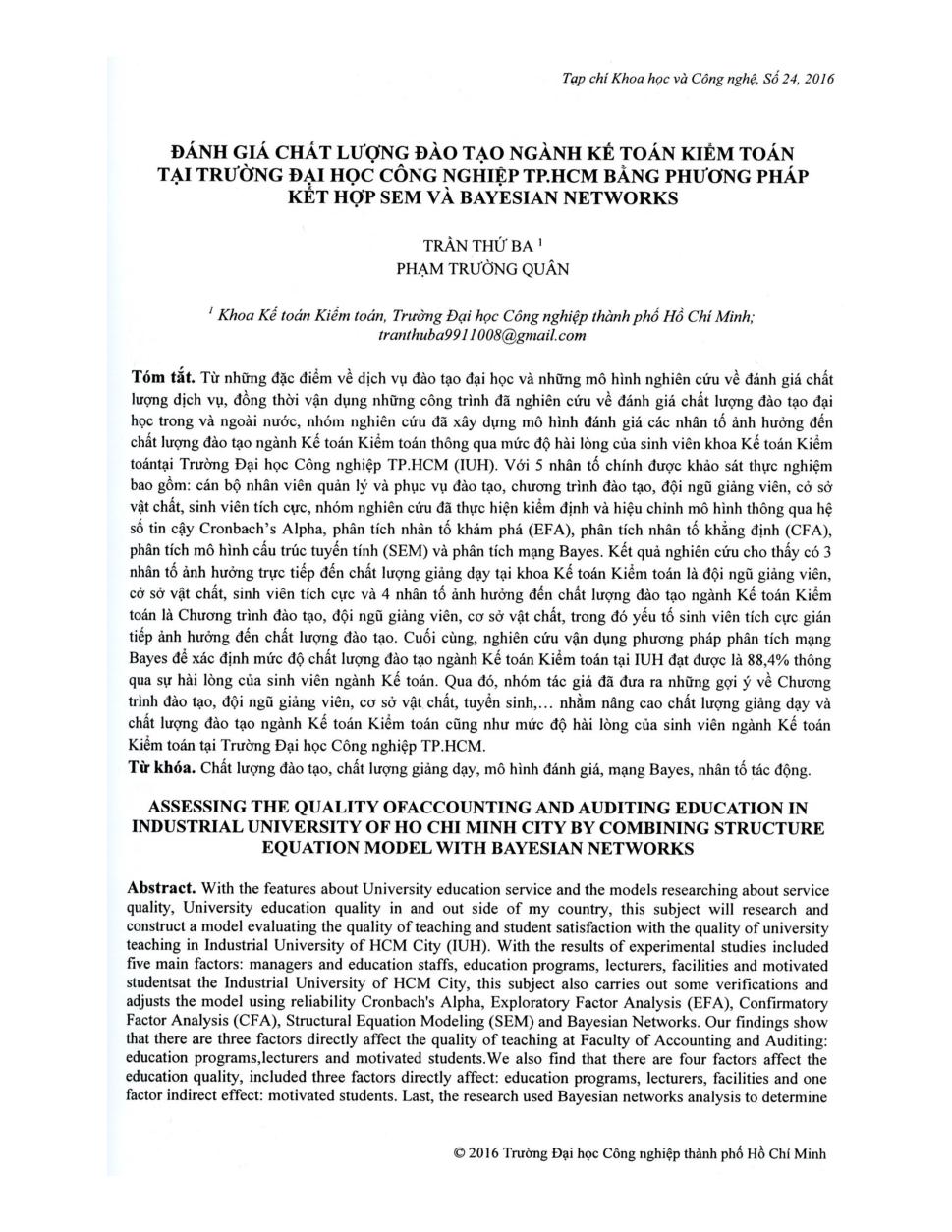 Đánh giá chất lượng đào tạo ngành kế toán kiểm toán tại trường Đại học Công nghiệp Tp.HCM bằng phương pháp kết hợp Sem và Bayesian Networks