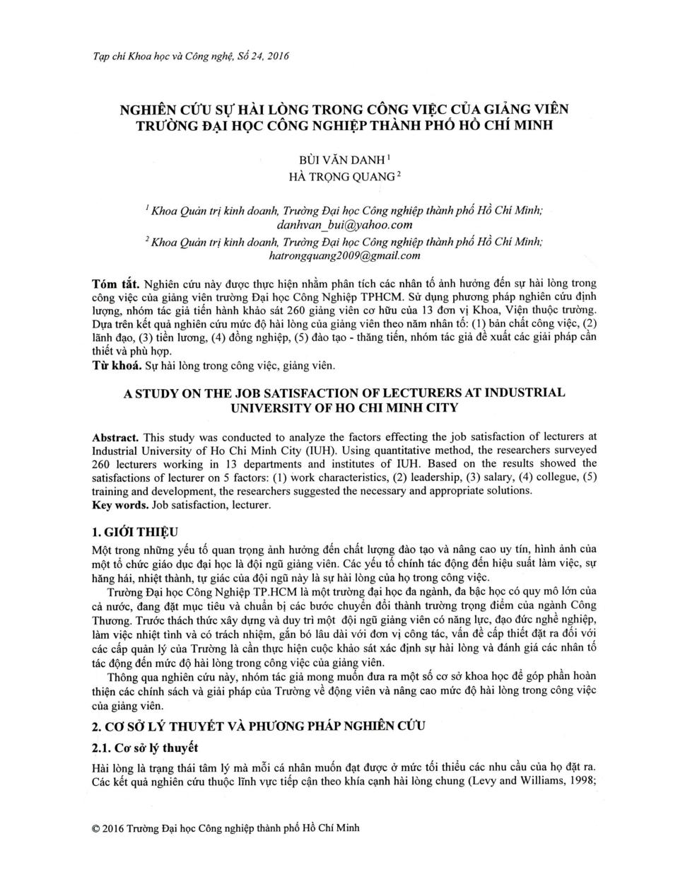 Nghiên cứu sự hài lòng trong công việc của giảng viên trường Đại học Công nghiệp Thành phố Hồ Chí Minh
