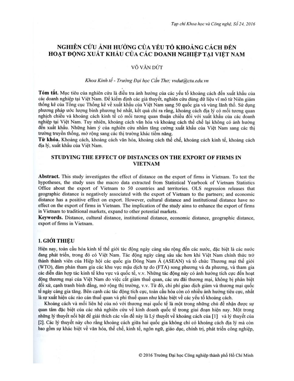 Nghiên cứu ảnh hưởng của yếu tố khoảng cách đến hoạt động xuất khẩu của các doanh nghiệp tại Việt Nam