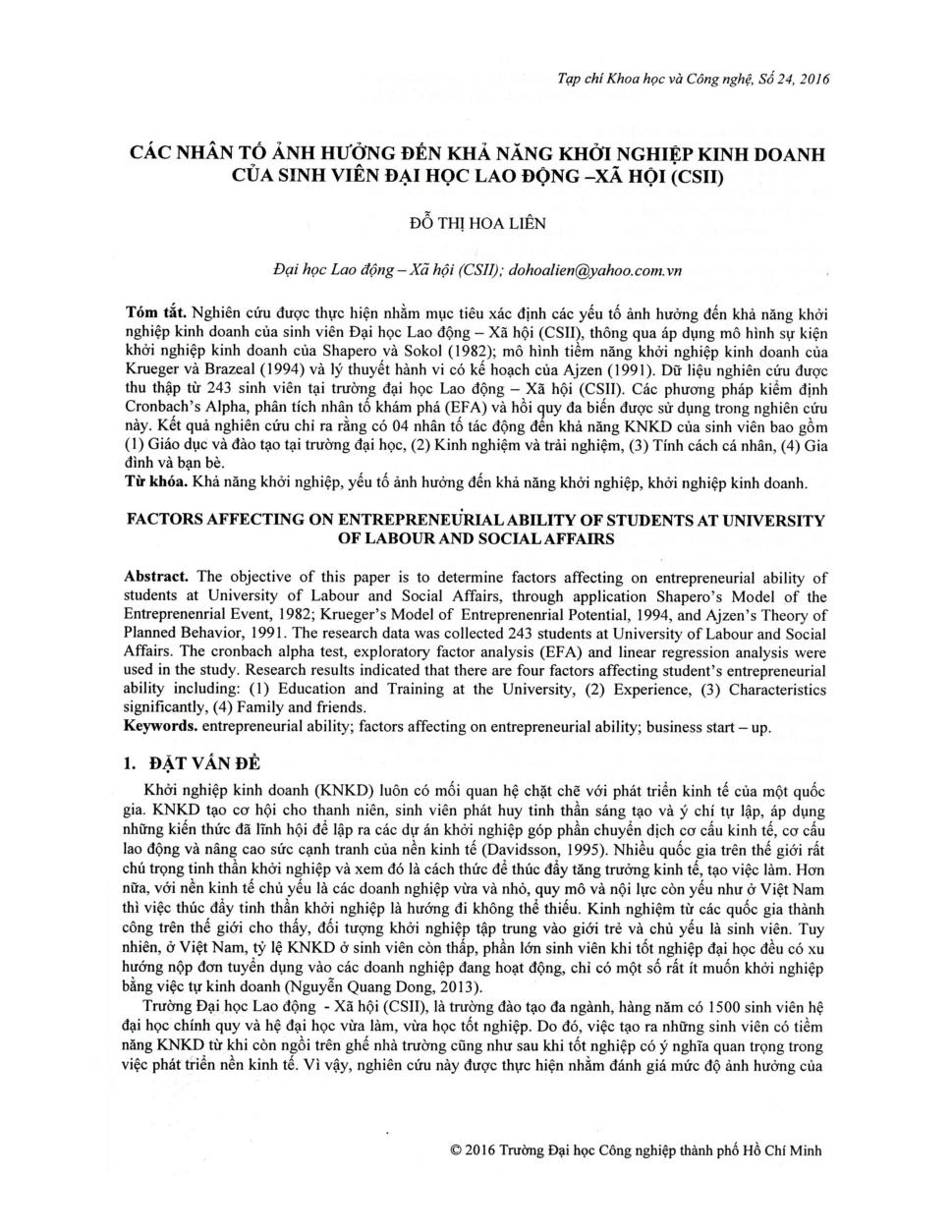 Các nhân tố ảnh hưởng đến khả năng khởi nghiệp kinh doanh của sinh Đại học lao động - xã hội (CSII)