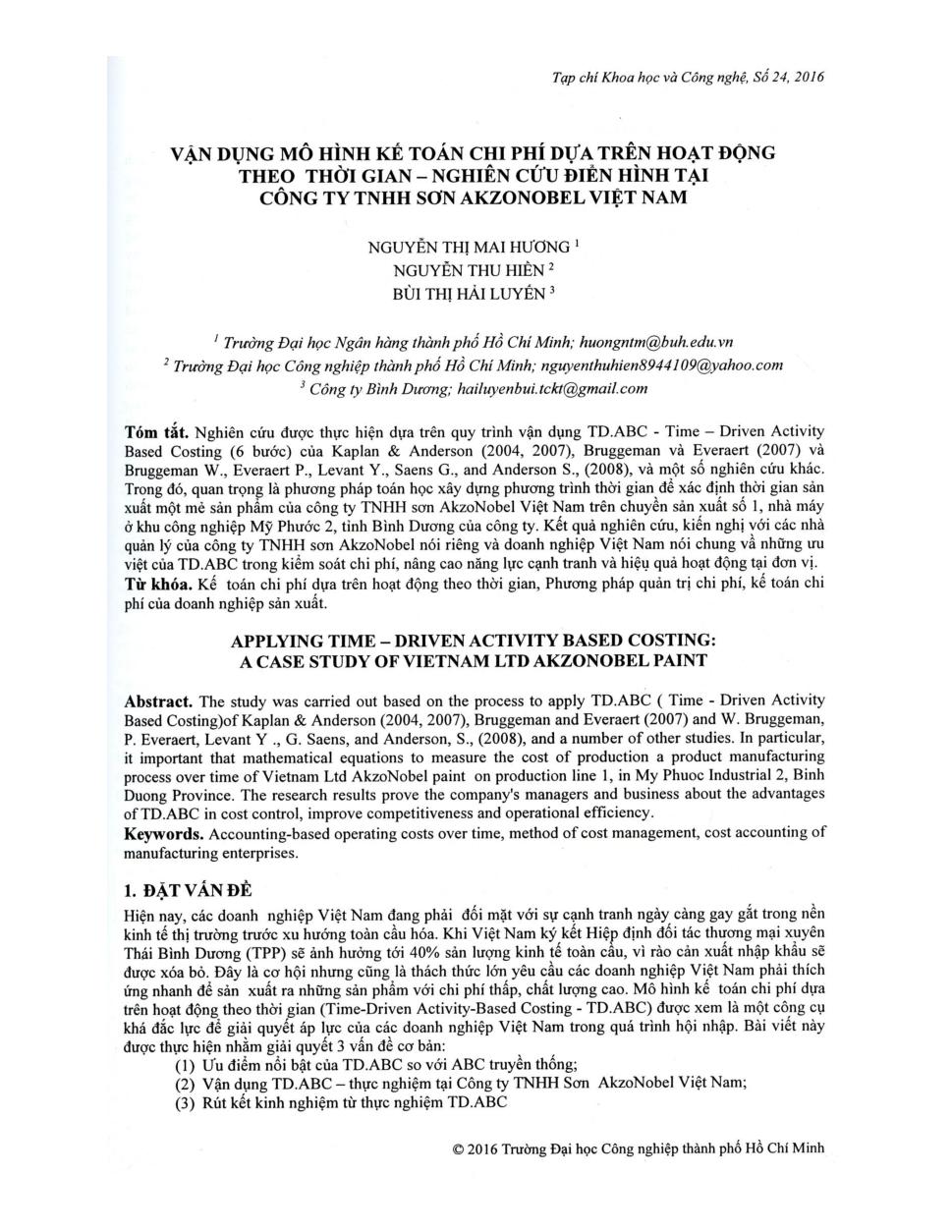 Vận dụng mô hình kế toán chi phí dựa trên hoạt động theo thời gian - nghiên cứu điển hình tại công ty TNHH sơn Akzonobel Việt Nam
