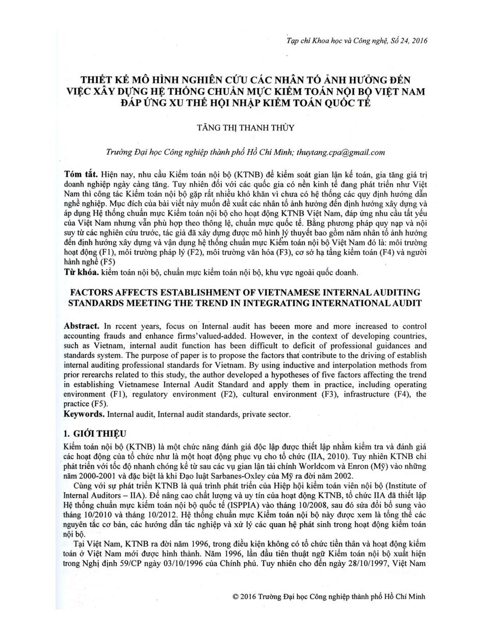 Thiết kế mô hình nghiên cứu các nhân tố ảnh hưởng đến việc xây dựng hệ thống chuẩn mực kiểm toán nội bộ Việt Nam đáp ứng xu thế hội nhập kiểm toán quốc tế