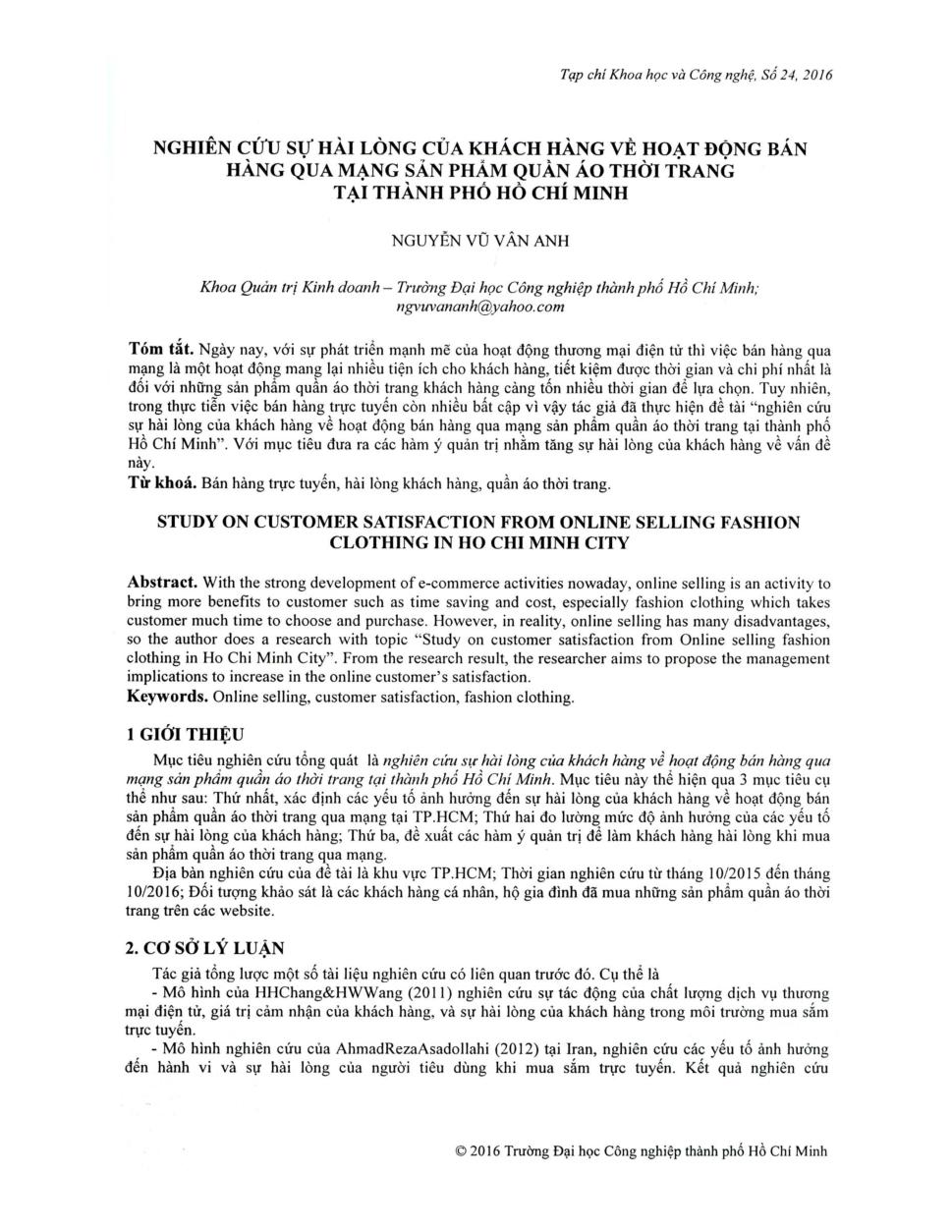 Nghiên cứu sự hài lòng của khách hàng về hoạt động bán hàng qua mạng sản phẩm quần áo thời trang tại Thành phố Hồ Chí Minh