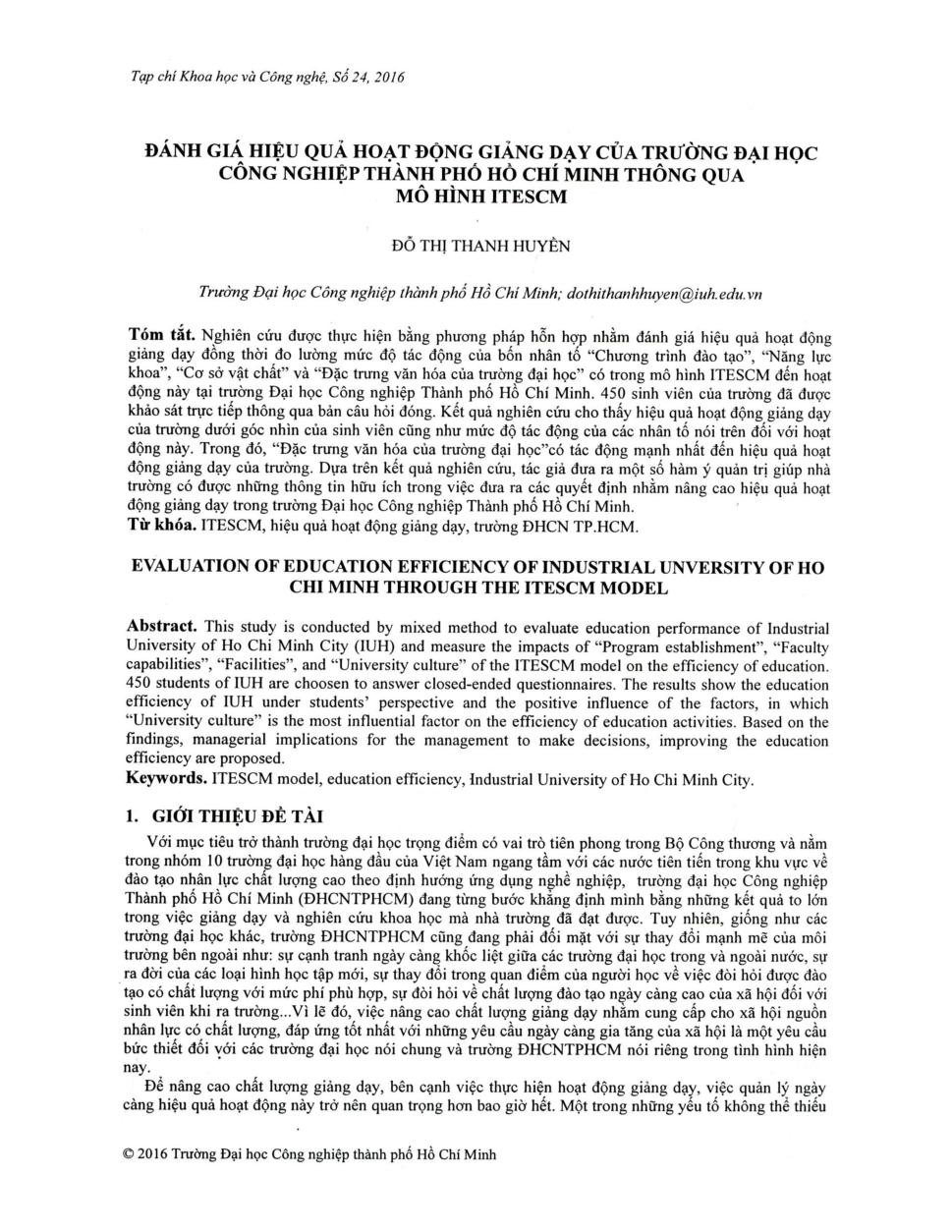 Đánh giá hiệu quả hoạt động giảng dạy của trường Đại học Công nghiệp Thành phố Hồ Chí Minh thông qua mô hình Itescm