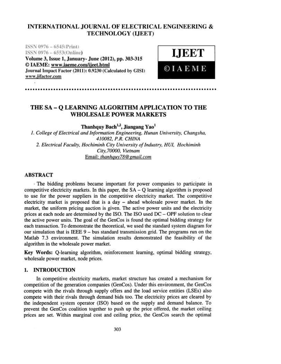 The SA - Q learning algorithm application to the wholesale power markets