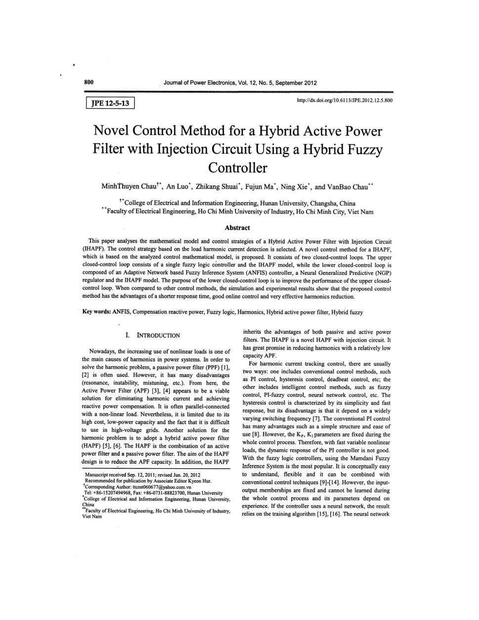 Novel control method for a hybrid active power filter with injection circuit using a hybrid fuzzy controller