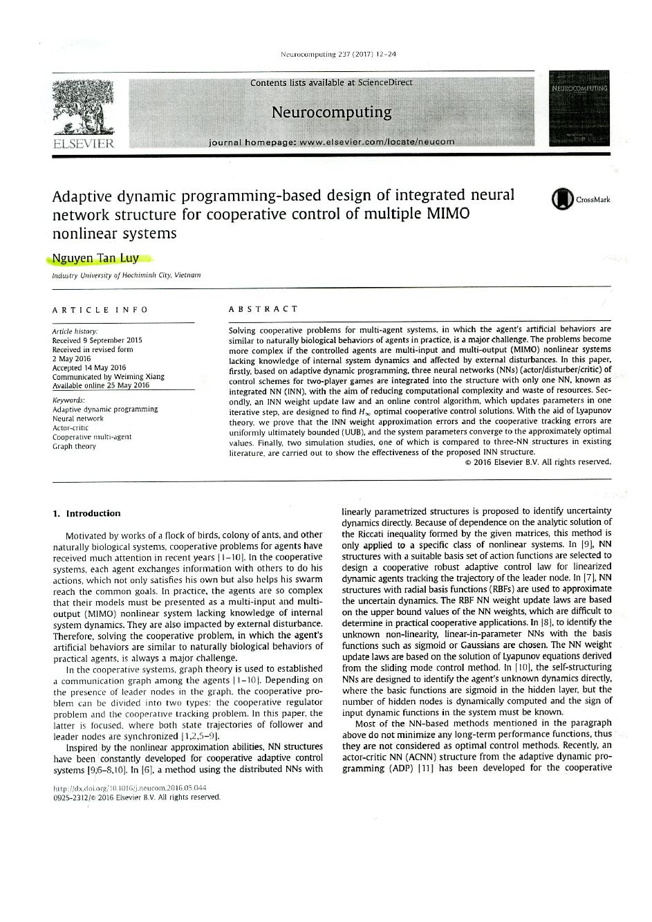 Adaptive dynamic programming-based design of intergrated neural network structure for cooperative control of multiple MIMO nonlinear systems