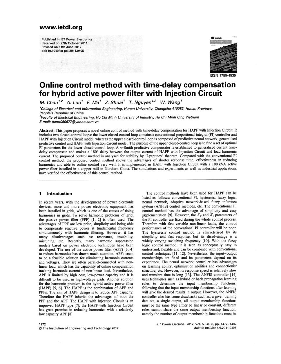 Online control method with time-delay compensation for hybrid active power filter with injection circuit