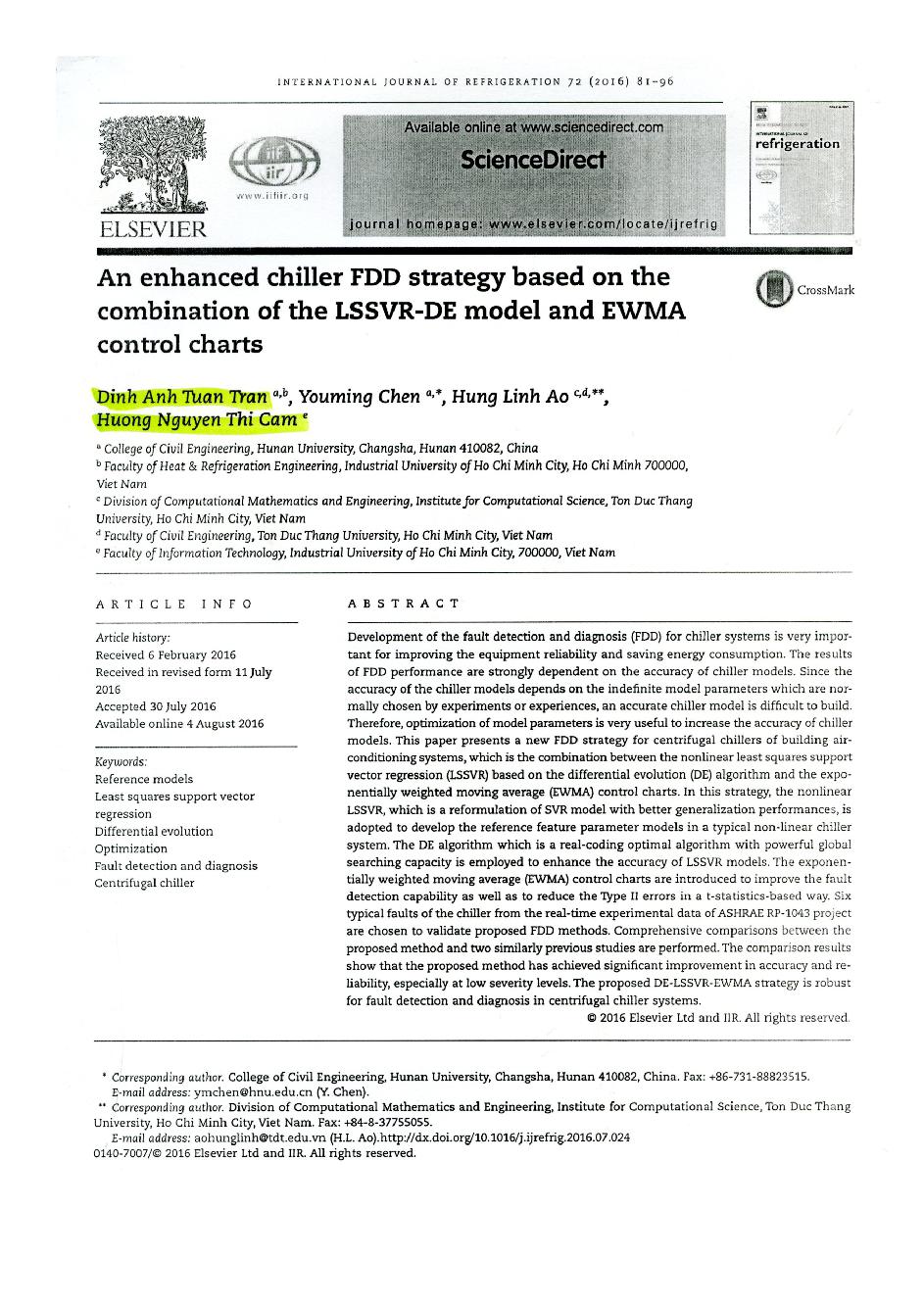 An enhanced chiller FDD strategy based on the combination of the LSSVR-DE model and EWMA control charts