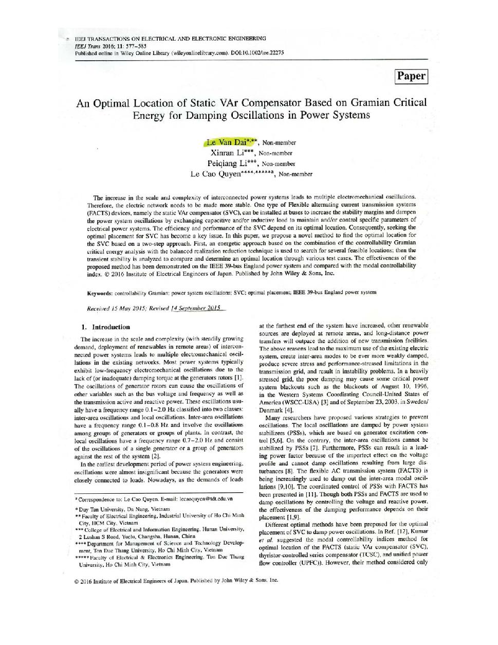 An optimal Location of Static VAr Compensator Based on Gramian Critical Energy for Damping Oscillations in Power Systems