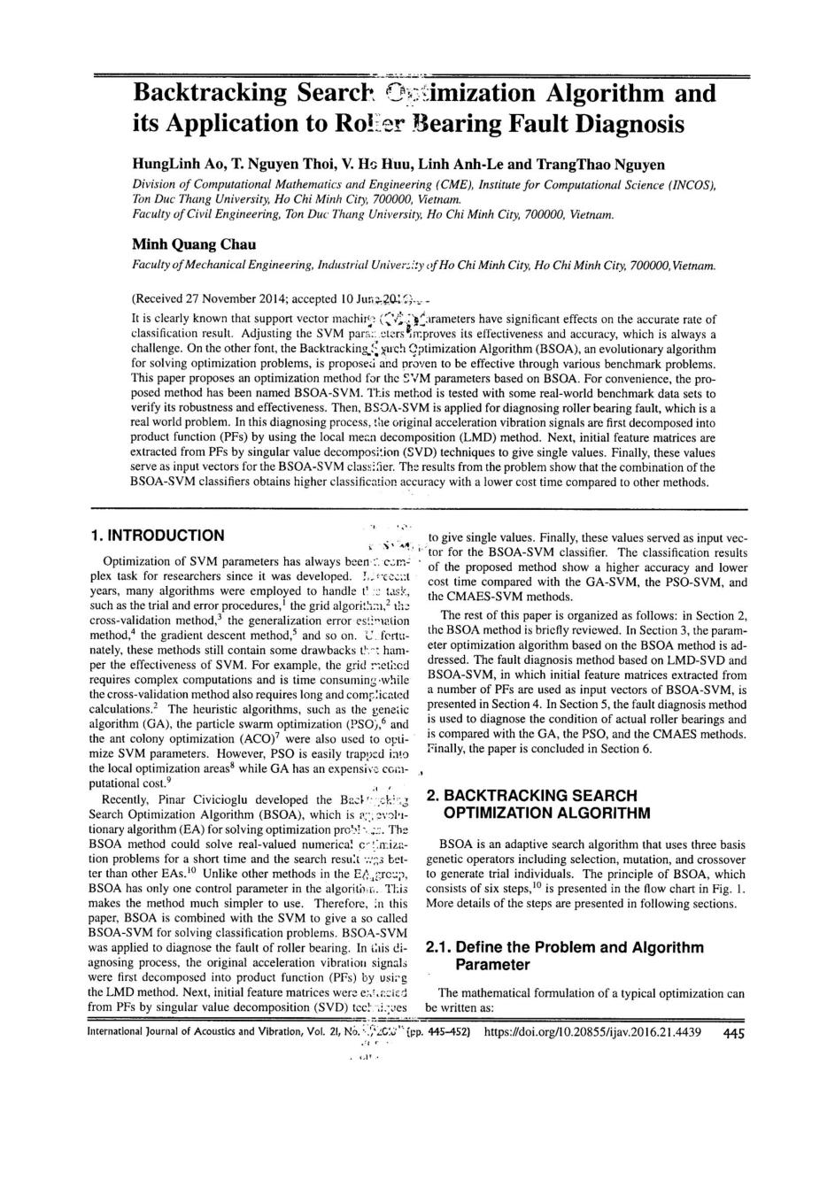 Backtracking Search Optimization Algorithm and its Application to Rolier Bearing Fault Diagnosis