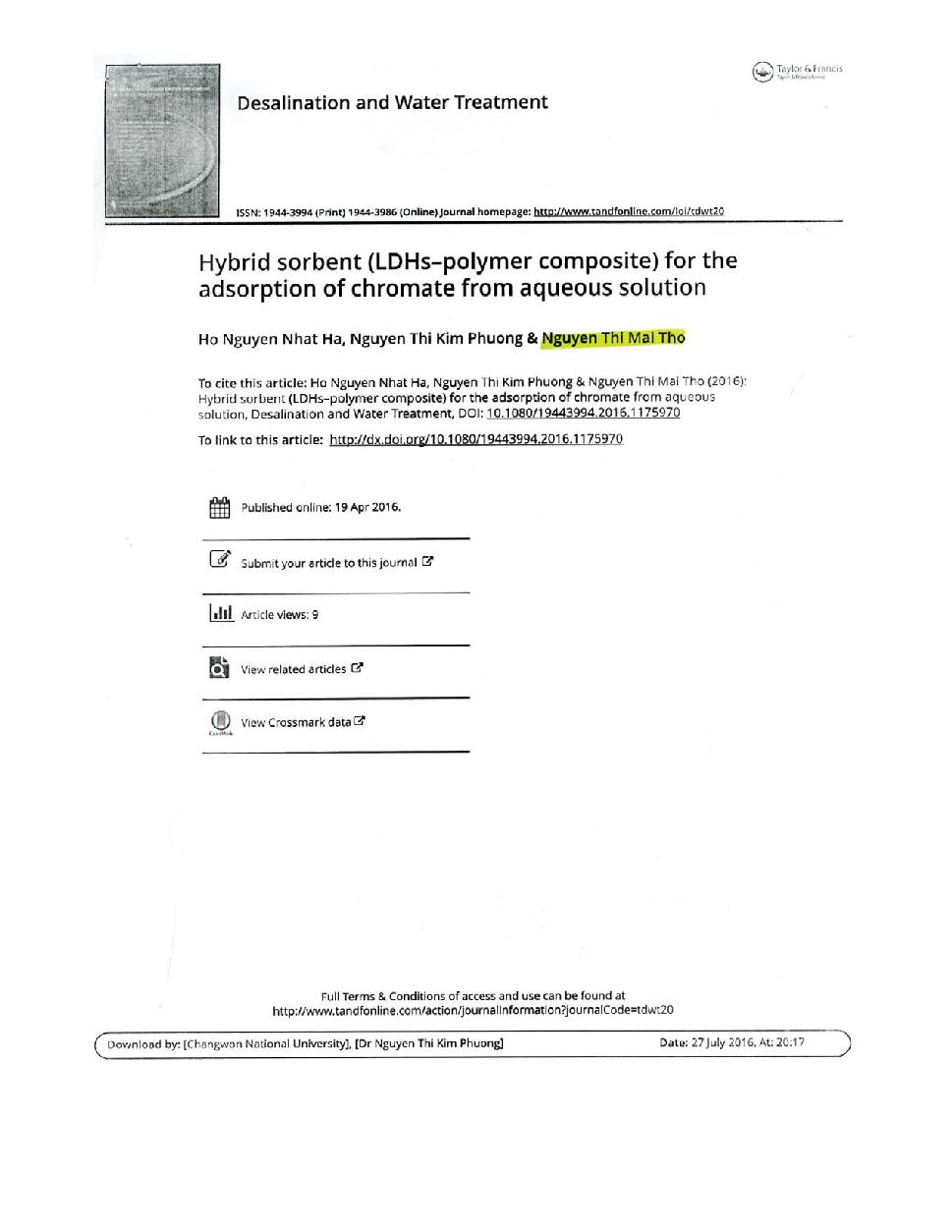 Hybrid sorbent (LDHs-polymer composite) for the ad sorption of chromate from aqueous solution