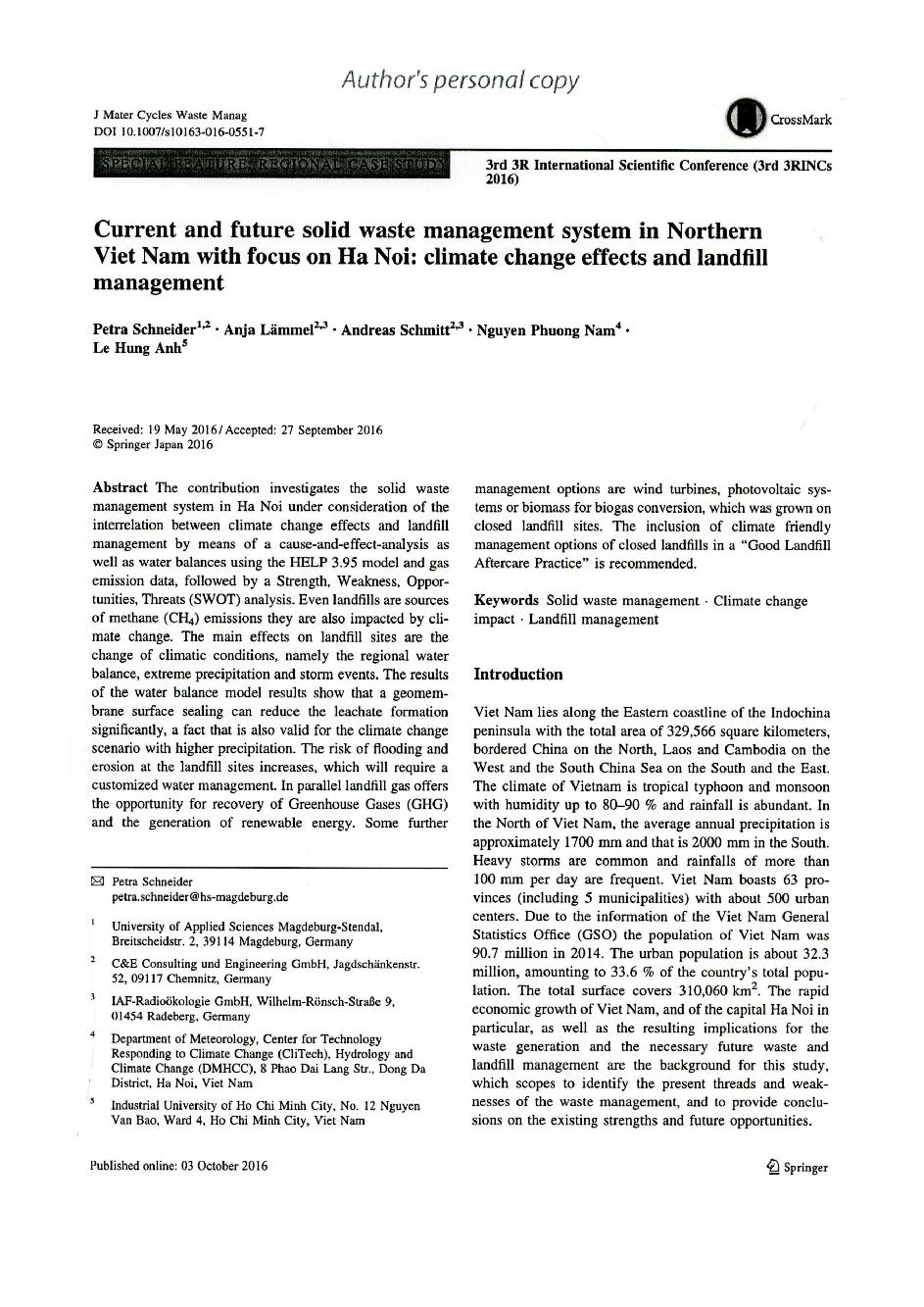 Current and future solid waste management system in Northern Viet Nam with focus on Ha Noi:climate change effects and landfill management