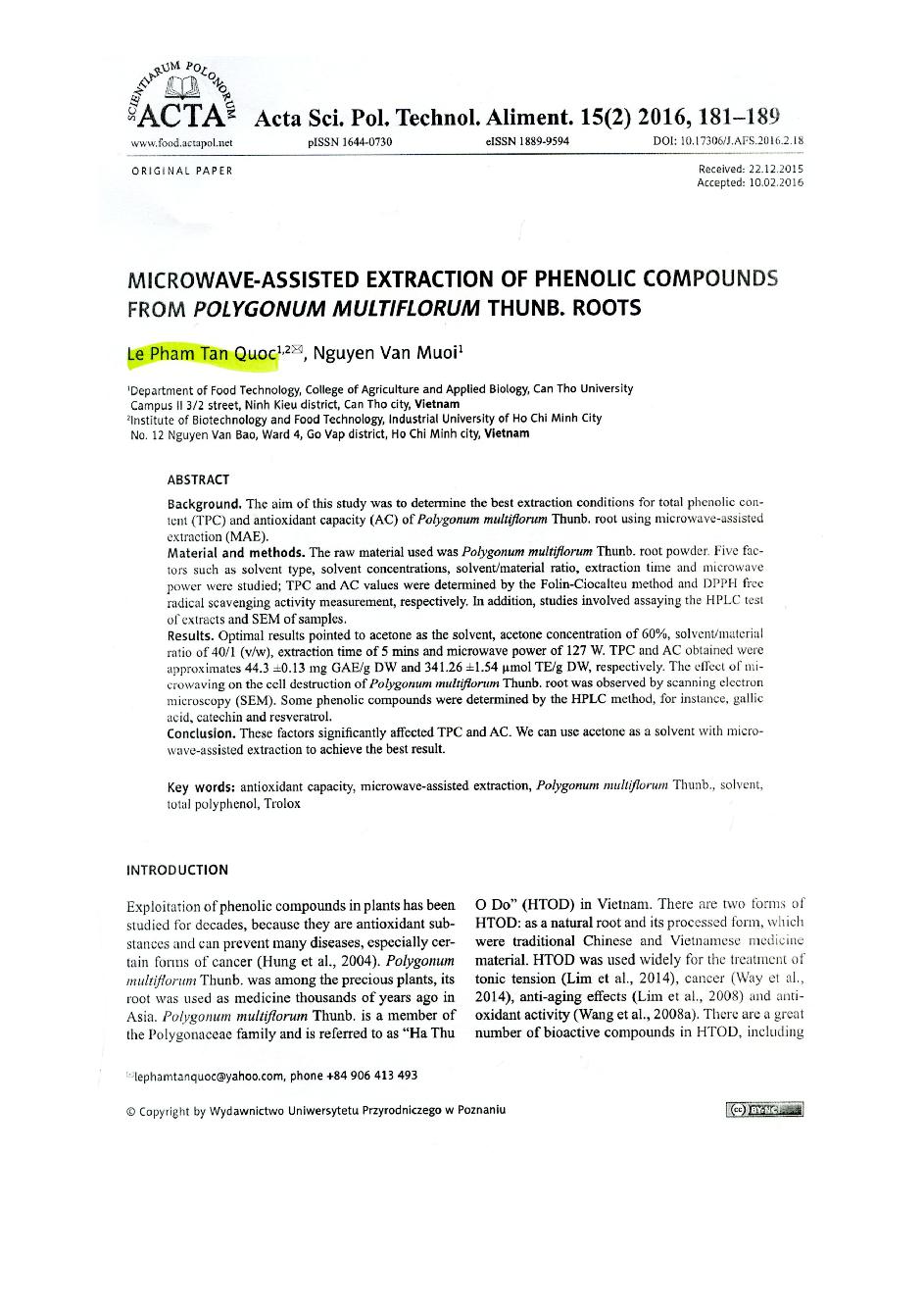 Microwave Assisted Extraction of Phenolic Compounds From Polygonum Multiflorum Thunb. Roots