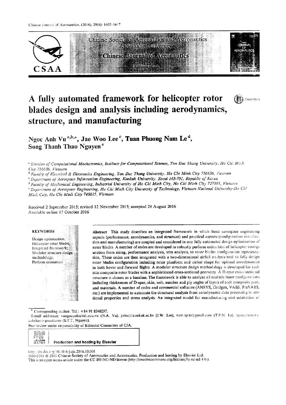 A fully automated framework for helicopter rotor blades design and analysis including aerodynamics, structure, and manufacturing