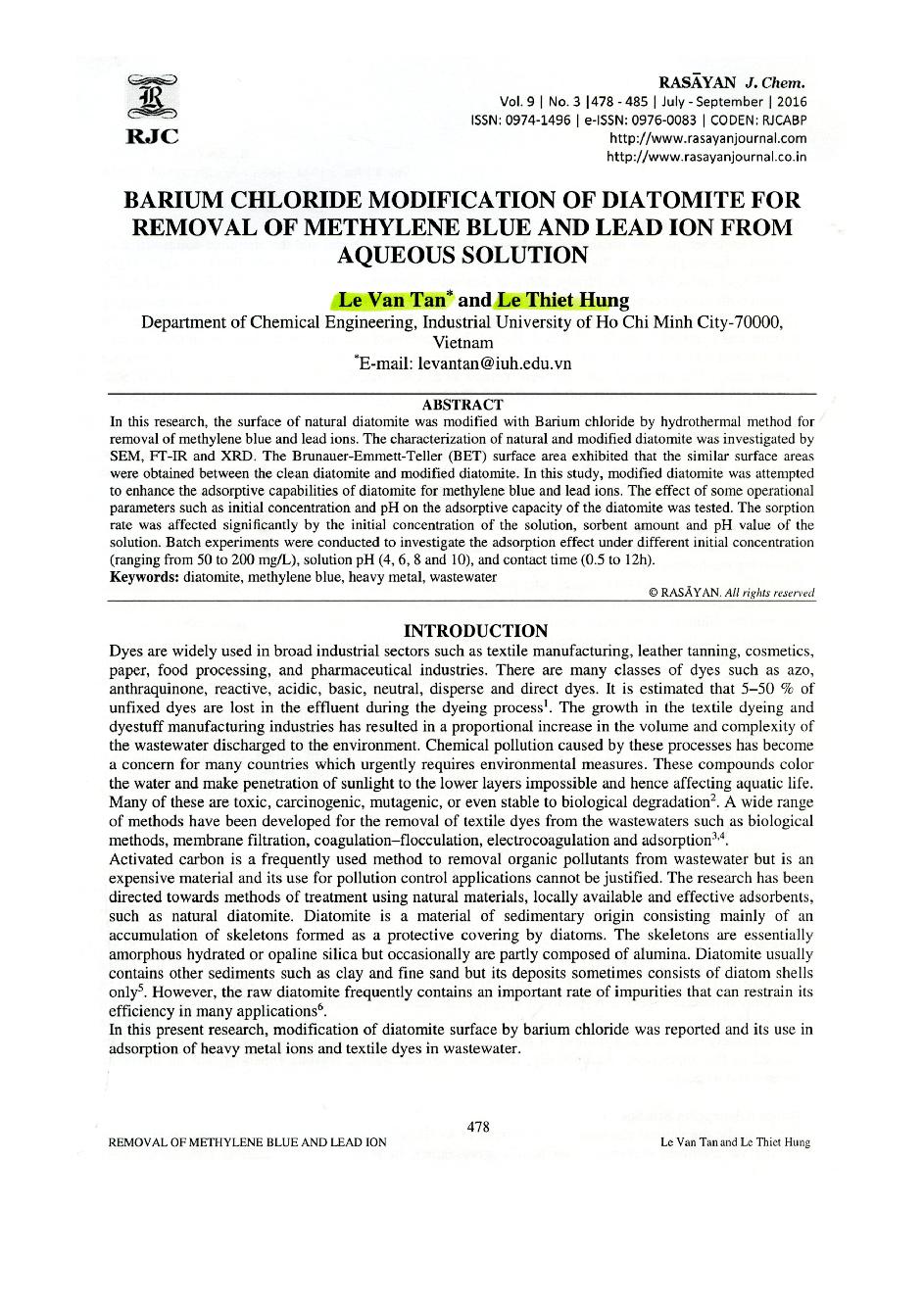 Barium Chloride Modification of Diatomite for Removal of Methylene Blue and Lead Ion From Aqueous Solution