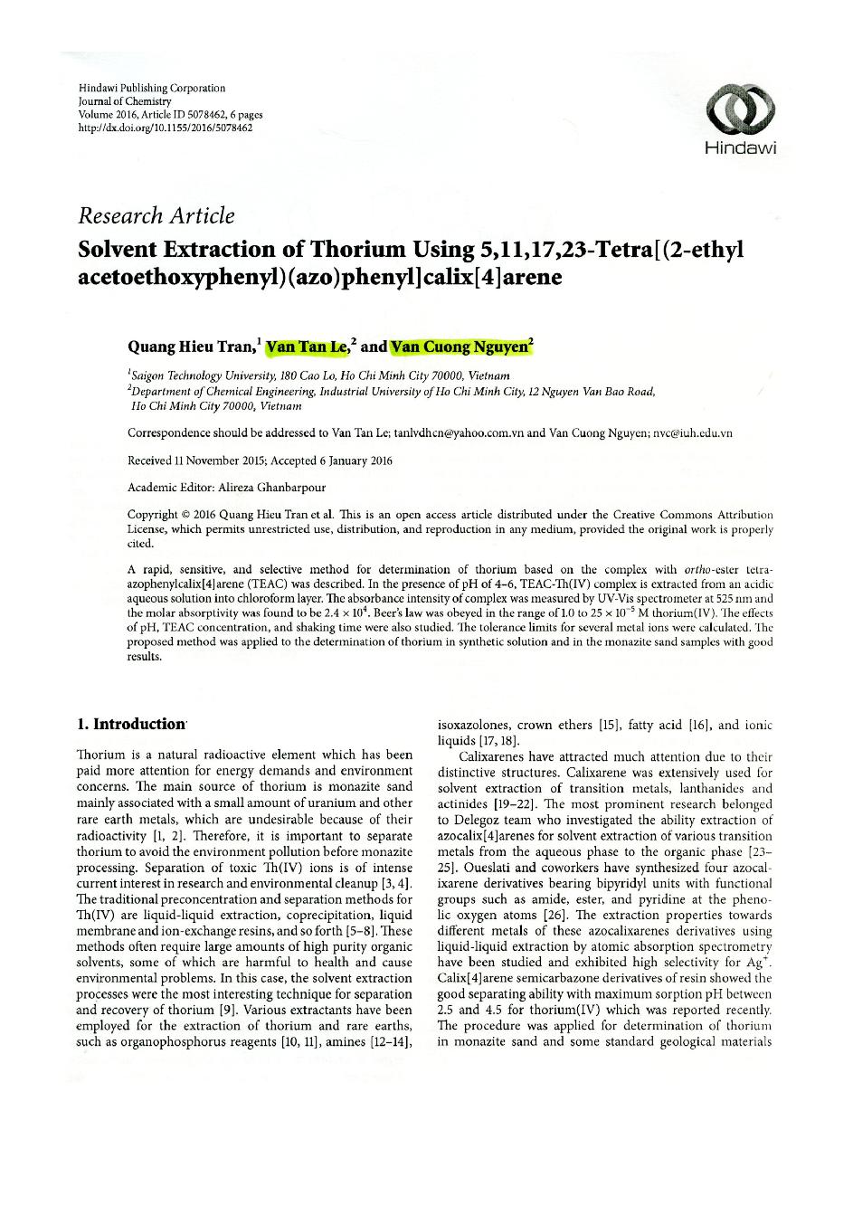 Solvent Extraction of Thorium Using 5,11,17,23-Tetra [(2-ethyl acetoethoxyphenyl)(azo)phenyl]calix[4]arene