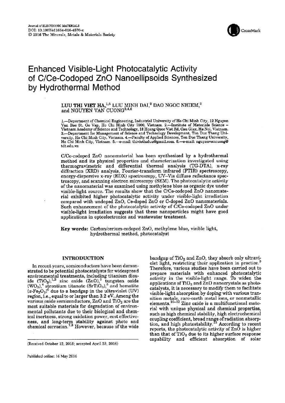 Enhanced Visible-Light Photocatalytic Activity of C/Ce-Codoped ZnO Nanoellipsoids Synthesized by Hydrothermal Method