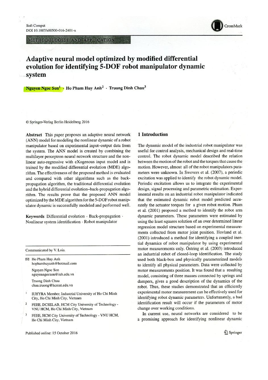 Adaptive neural model optimized by modified differential evolution for identifying 5-DOF robot manipulator dynamic system