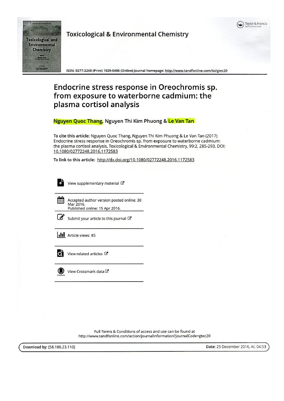 Endocrine stress response in Oreochromis sp. from exposure to waterborne cadmium: the plasma cortisol analysis