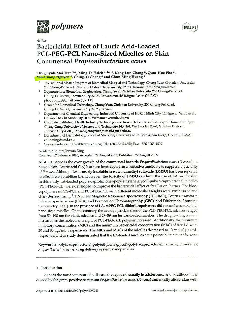 Bactericidal Effect of Lauric Acid-Loaded PCL-PEG-PCL Nano-Sized Micelles on Skin Commensal Propionibacterium acnes