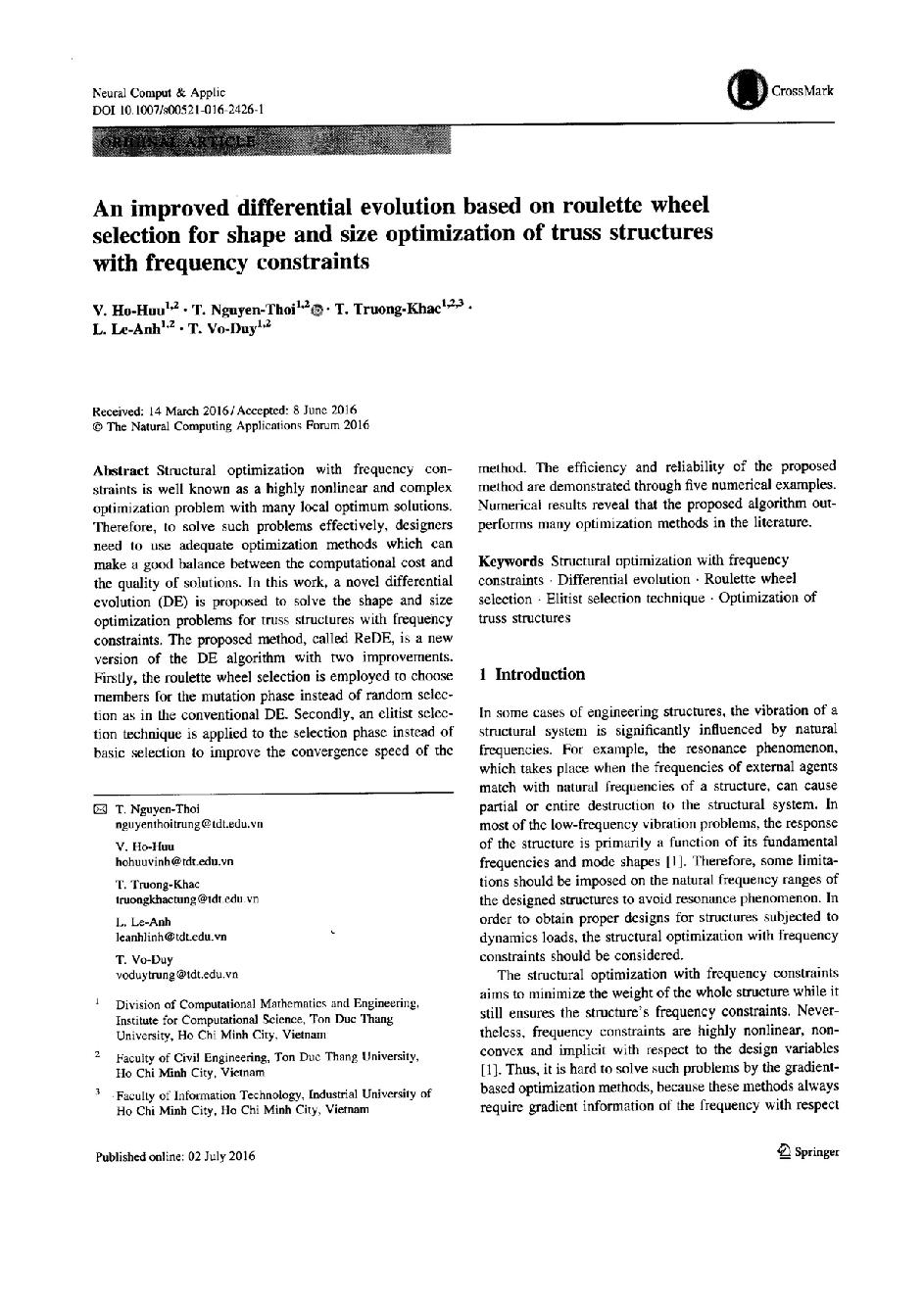 An improved differential evolution based on roulette wheel selection for shape and size optimiztion of truss structure with frequency constraints