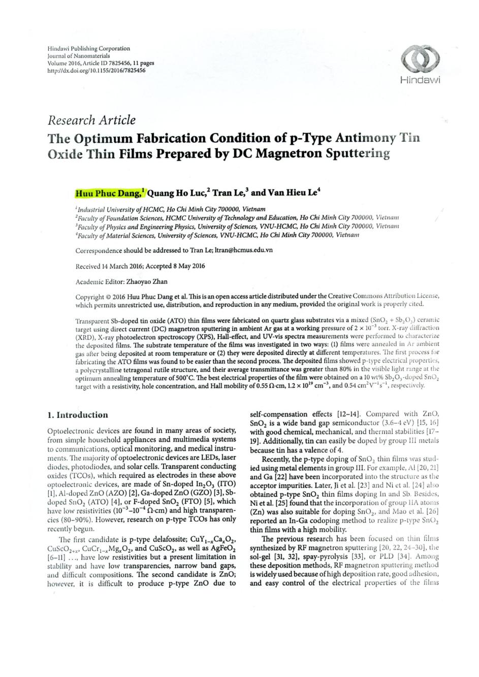 The Optimum Fabrication Condition of p-Type Antimony Tin Oxide Thin Film Prepared by DC Magnetron Sputtering