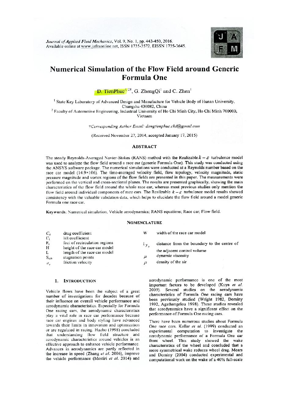 Numerical Simulation of the Flow Field around Generic Formula One