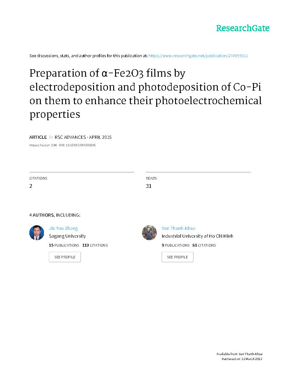 Preparation of alpha-Fe2O3 films by electrodeposition and photodeposition of Co-Pi on them to enhance their photoelectrochemical properties