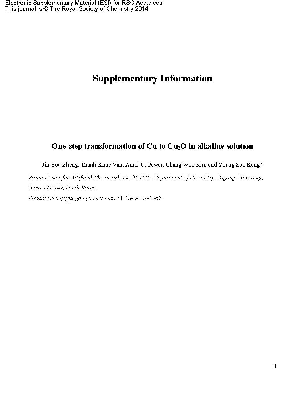 One-step transformation of Cu to Cu2O in alkaline solution