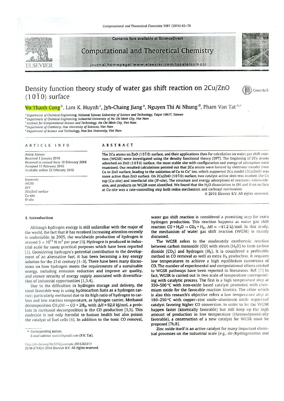 Density function theory study of water gas shift reaction on 2Cu/ZnO (1010) surface