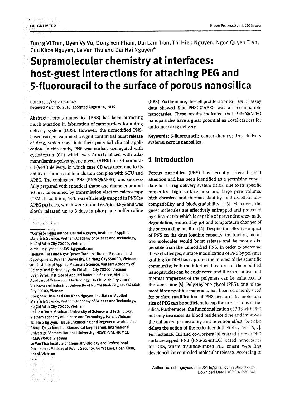 Supramolecular chemistry at interfaces: host-guest interractions for attaching PEG and 5-fluorouracil to the surface of porous nanosilica