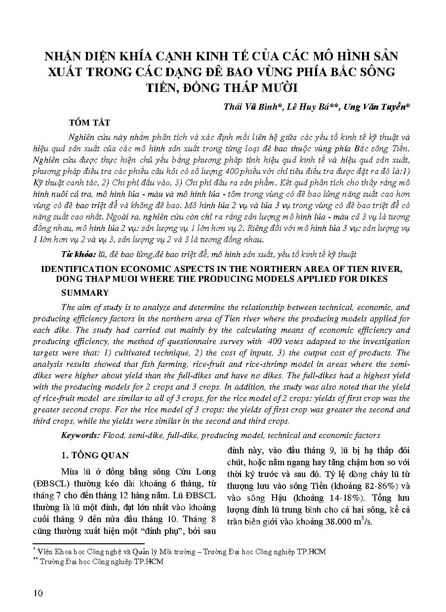 Nhận diện khía cạnh kinh tế của các mô hình sản xuất trong các dạng đê bao vùng phía Bắc sông Tiền, Đồng Tháp Mười