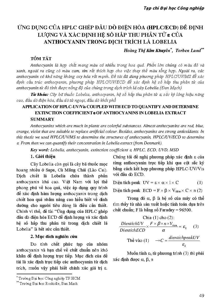 Ứng dụng của HPLC ghép đầu dò điện hóa (HPLC/ECD) để định lượng và xác định hệ số hấp thu phân tử của anthocyanin trong dịch trích lá lobelia