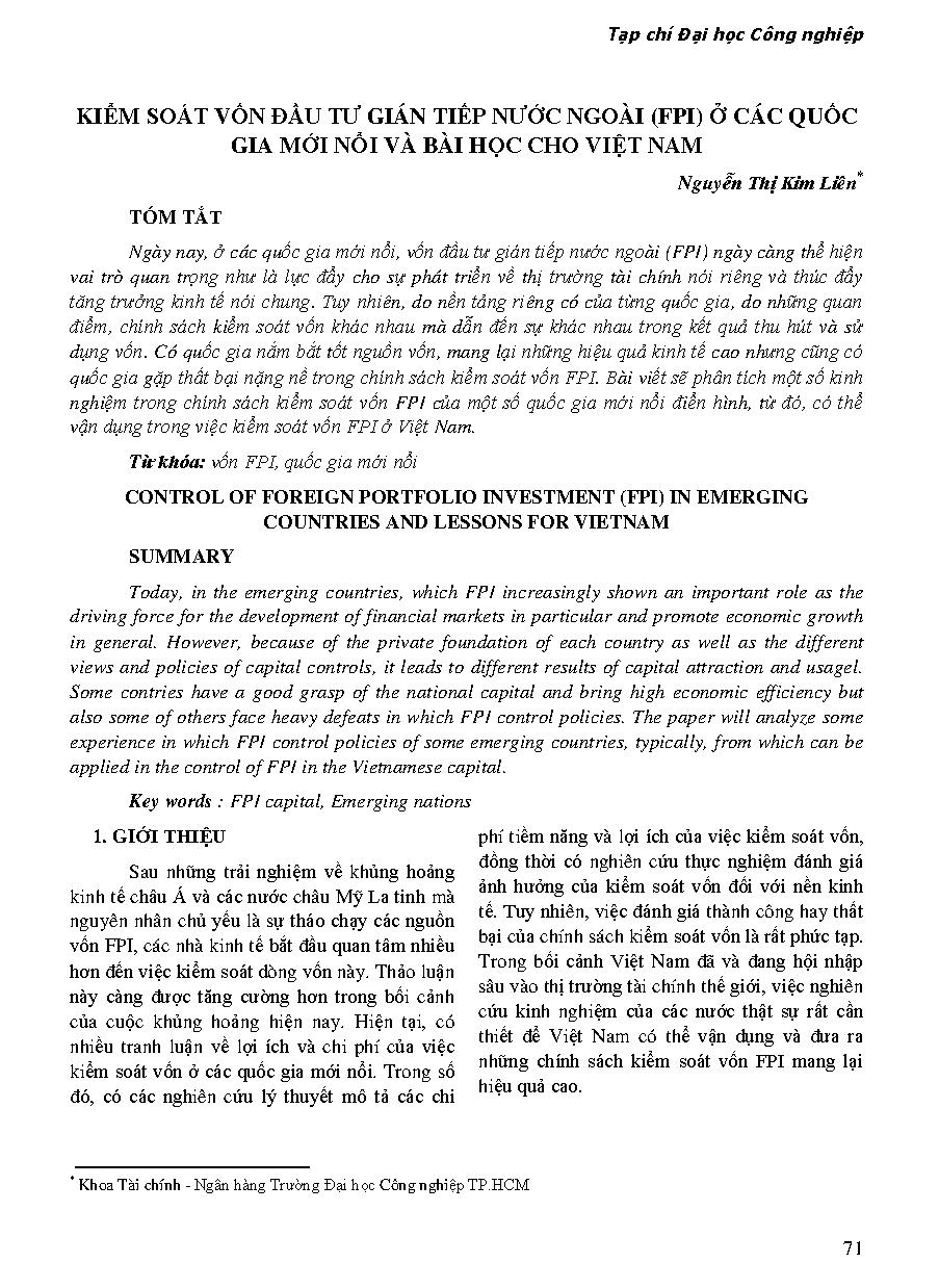 Kiểm soát vốn đầu tư gián tiếp nước ngoài (FPI) ở các quốc gia mới nổi và bài học cho Việt Nam