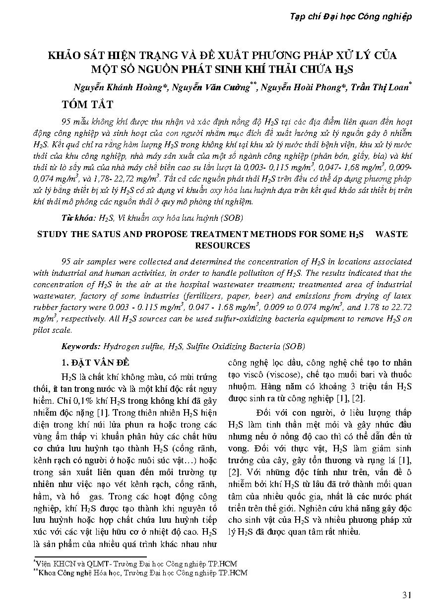 Khảo sát hiện trạng và đề xuất phương pháp xử lý của một số nguồn phát sinh khí thải chứa H2S