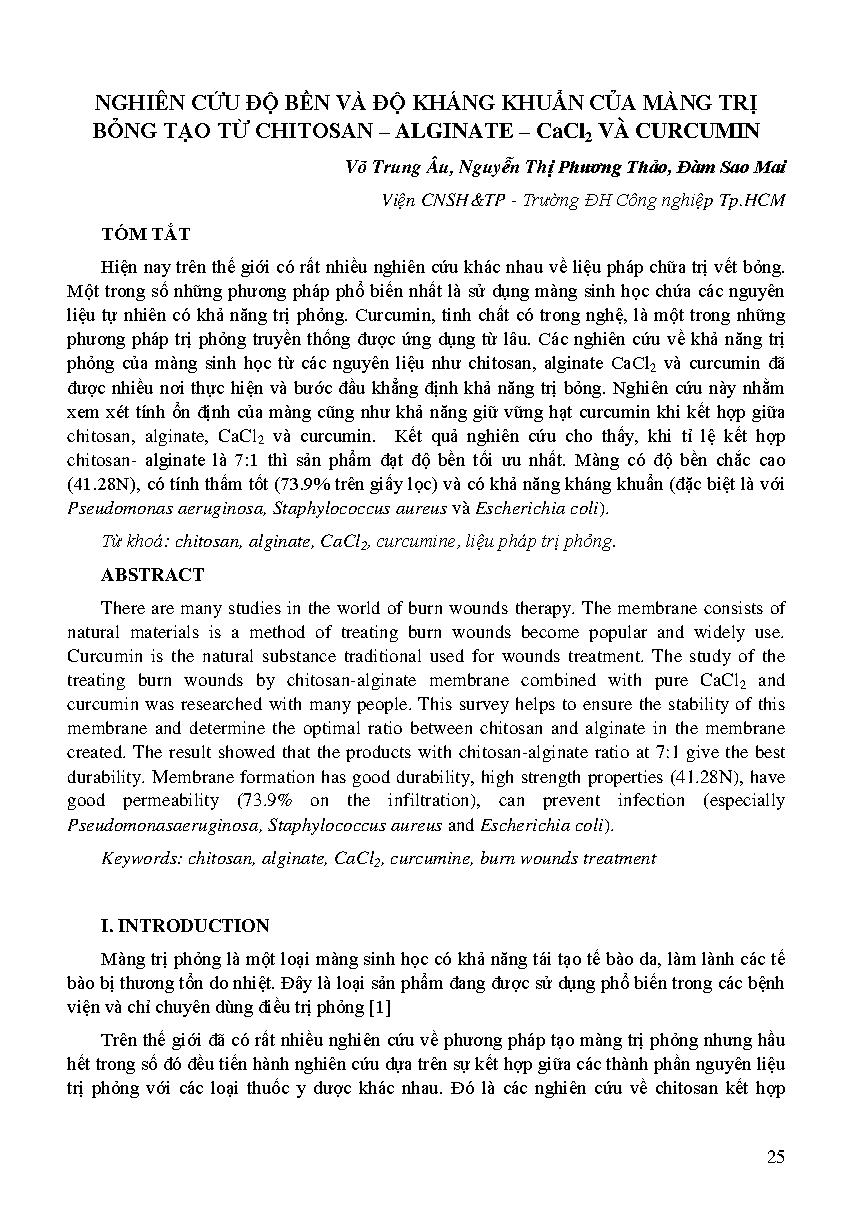 Nghiên cứu độ bền và độ kháng khuẩn của màng trị bỏng tạo từ Chitosan - Alginate - CaCI2 và Curcumin