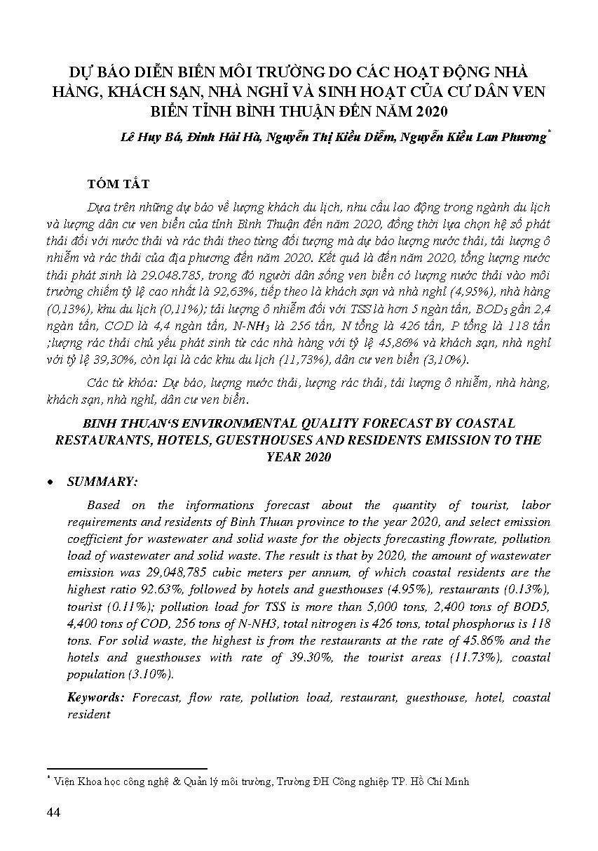 Dự báo diễn biến môi trường do các hoạt động nhà hàng, khách sạn, nhà nghỉ và sinh hoạt của cư dân ven biển tỉnh Bình Thuận đến năm 2020