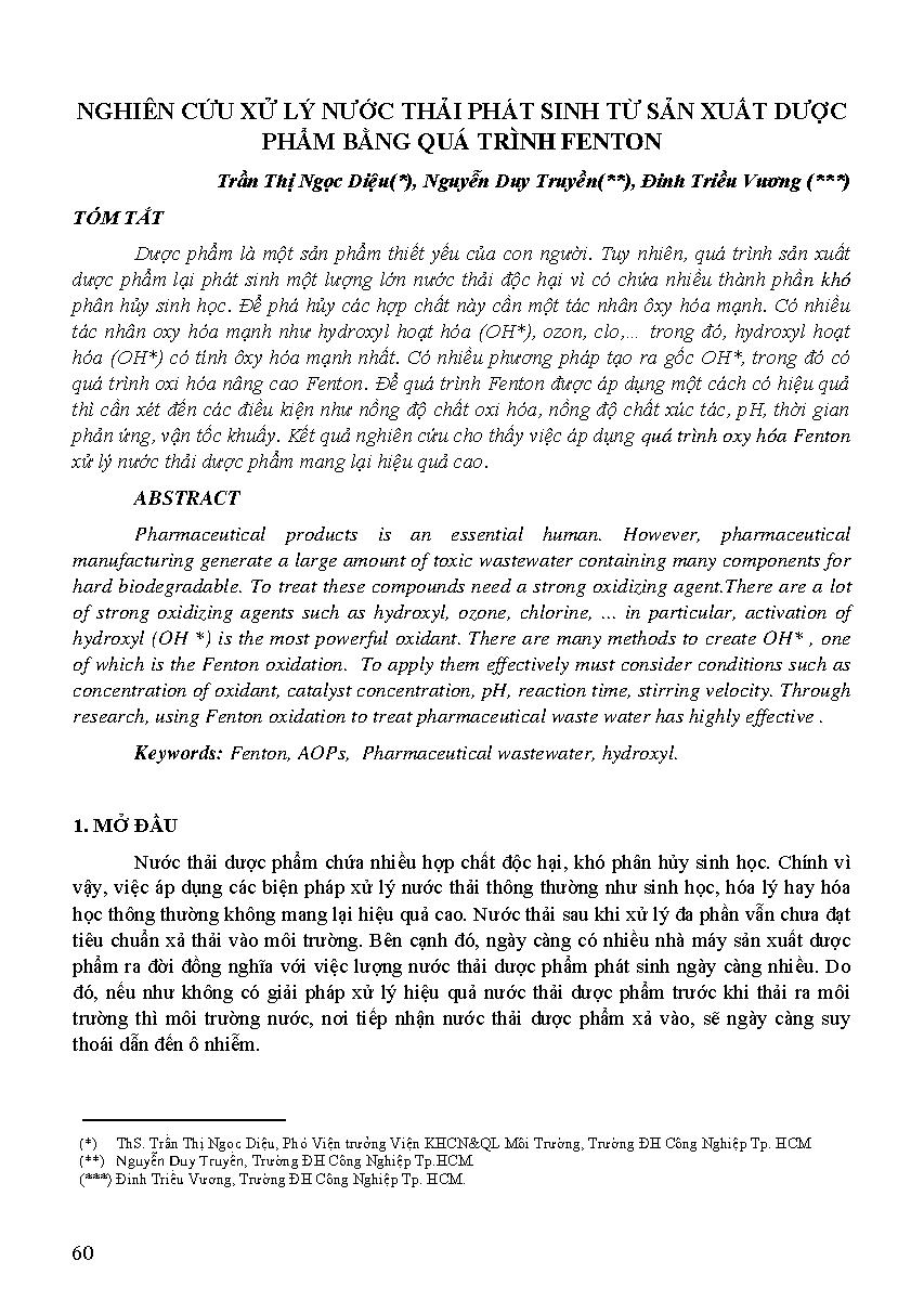 Nghiên cứu xử lý nước thải phát sinh từ sản xuất dược phẩm bằng quá trình Fenton