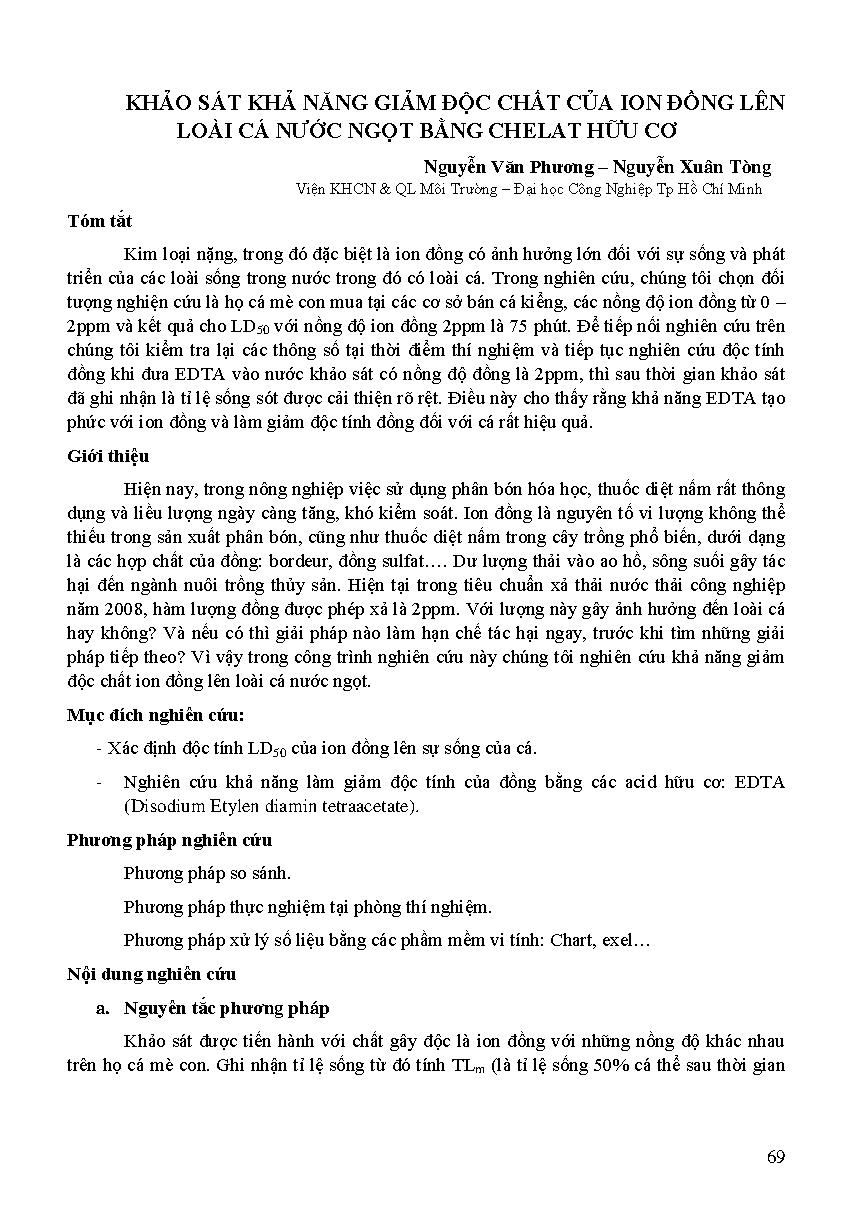 Khảo sát khả năng giảm độc chất của ion đồng lên loài cá nước ngọt bằng Chelat hữu cơ