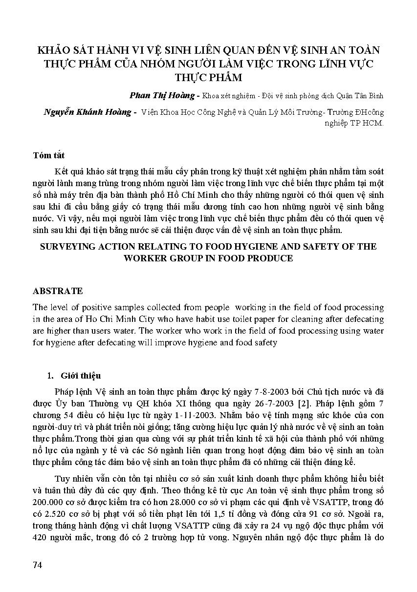 Khảo sát hành vi vệ sinh liên quan đến vệ sinh an toàn thực phẩm của nhóm người làm việc trong lĩnh vực thực phẩm
